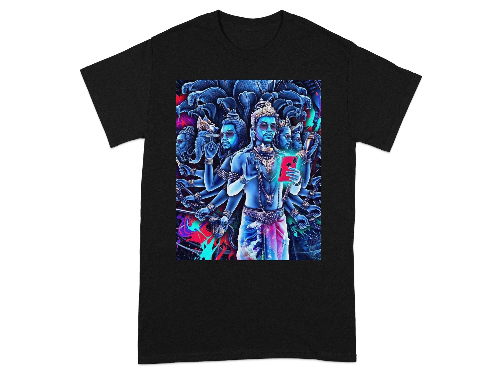 Graphic tee with vibrant, multi-armed figure holding a smartphone.