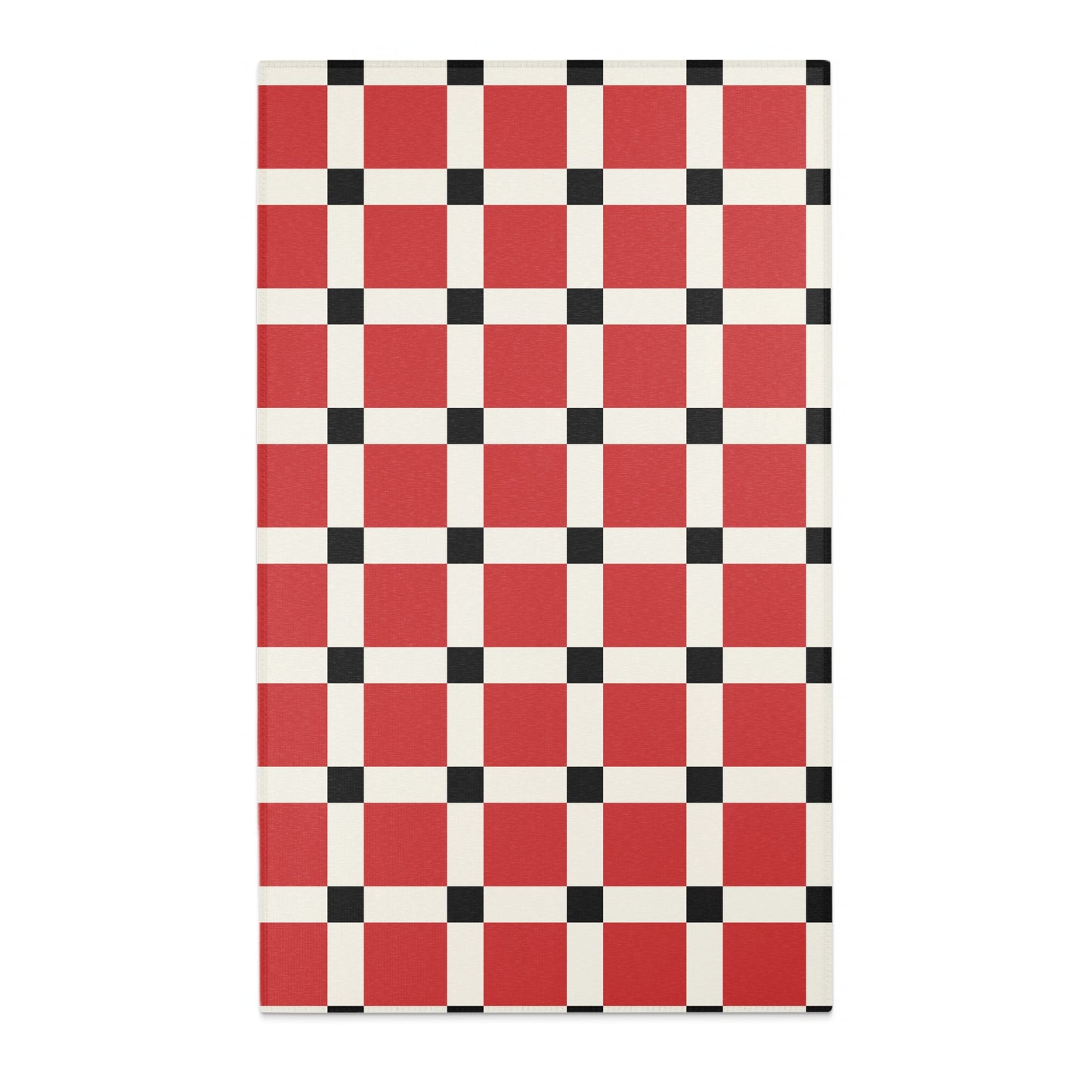 Red, white, and black checkered pattern on a rug.