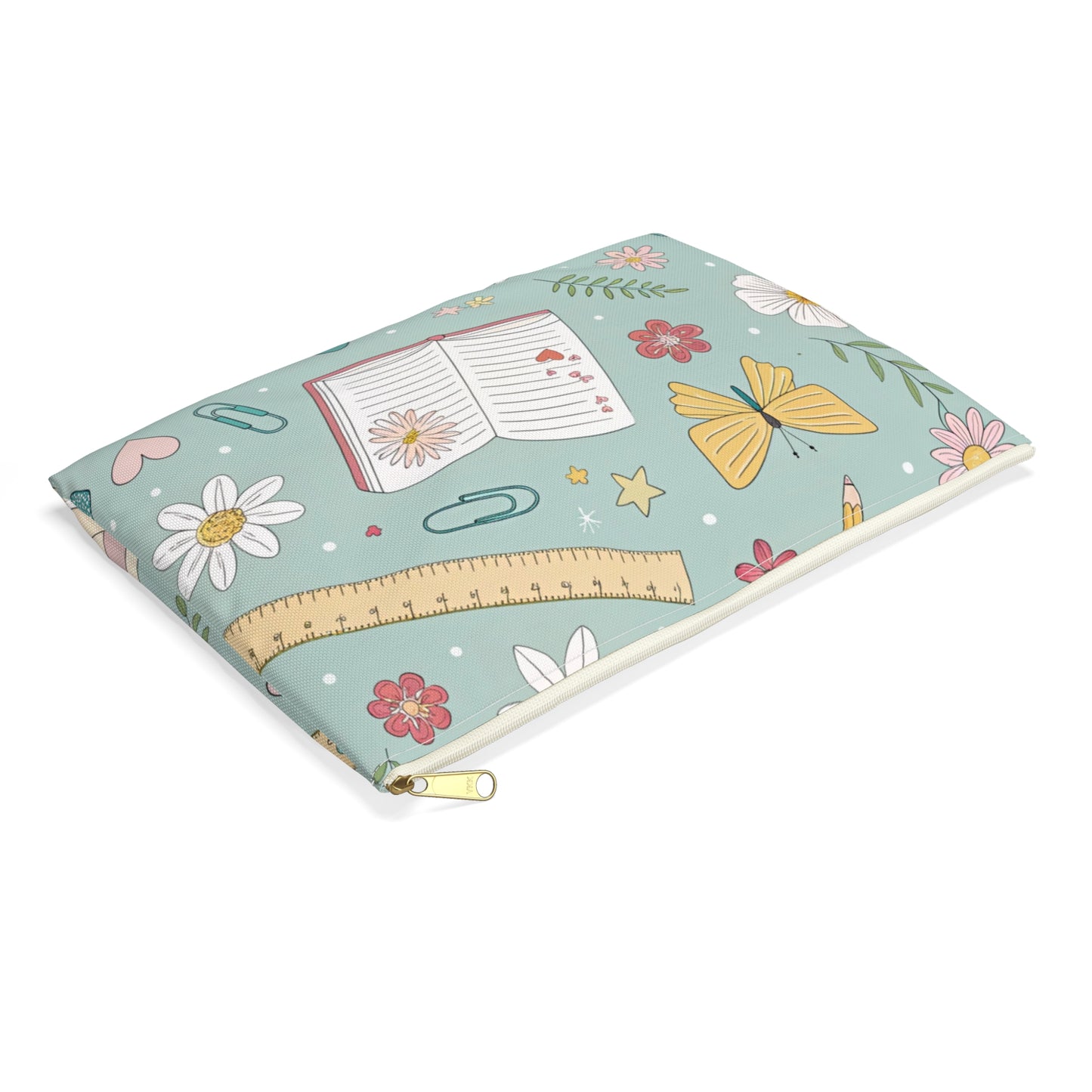 Pencil case with open book, butterfly, flowers, ruler, and paperclip pattern on blue background.
