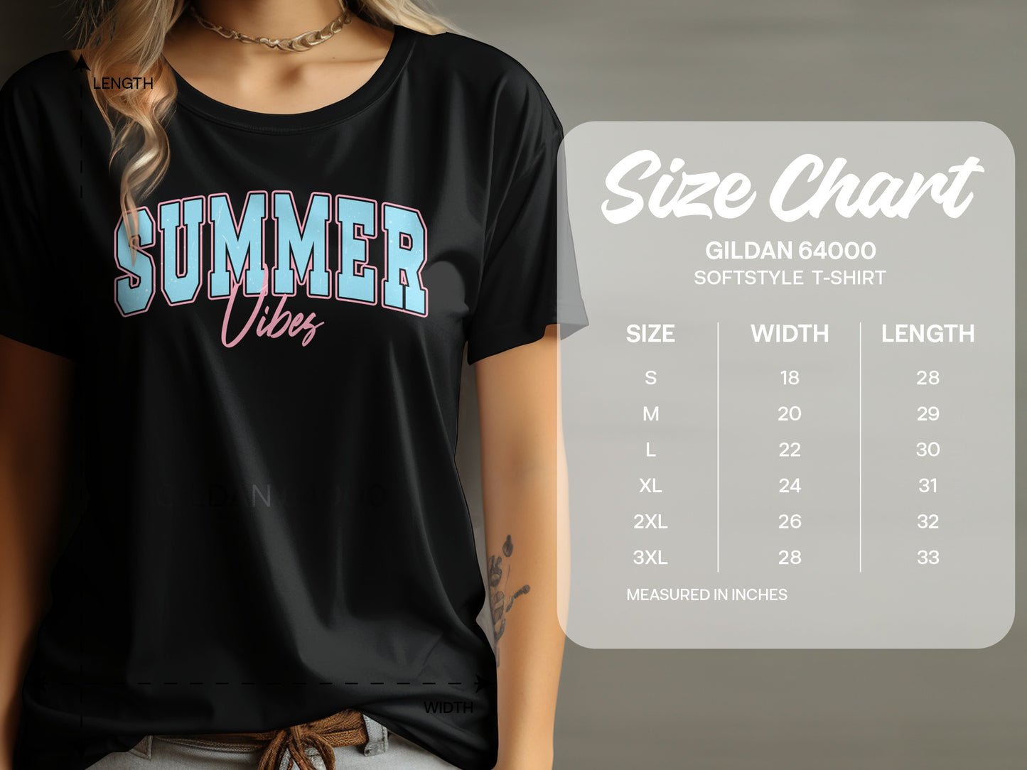 Black t-shirt with "SUMMER Vibes" graphic and Gildan 64000 size chart.