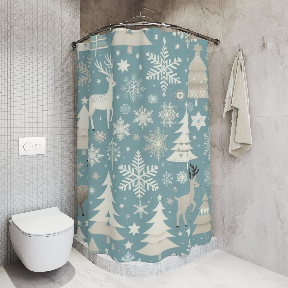 Snowflakes Reindeer and Christmas Trees Shower Curtain