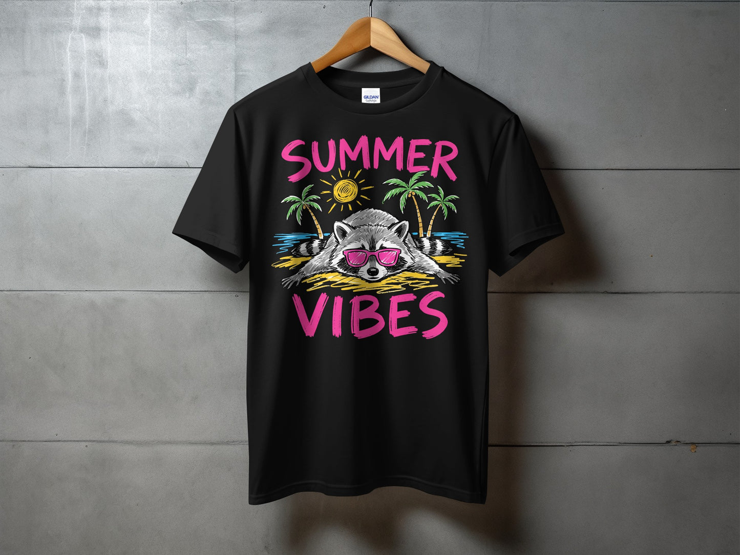 Black t-shirt with raccoon wearing sunglasses and palm trees, "Summer Vibes" text.