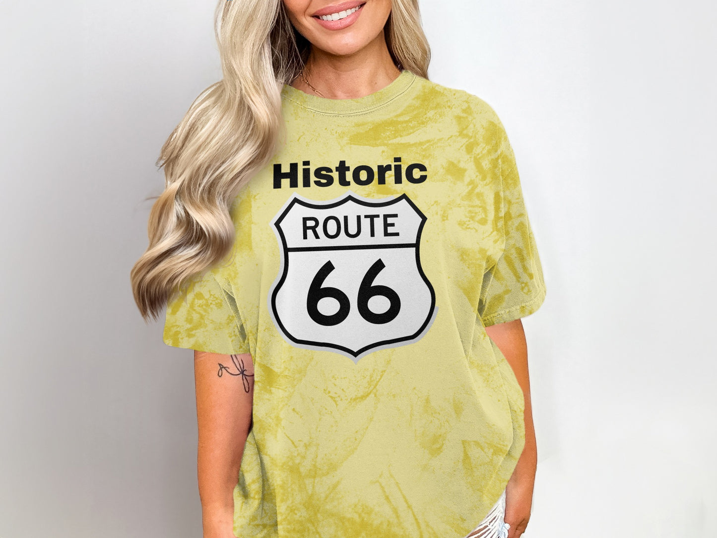 Yellow tie-dye t-shirt with Historic Route 66 graphic.