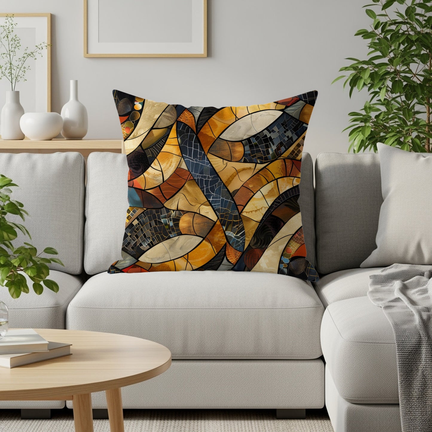 Decorative pillow with abstract stained-glass mosaic design on a sofa.