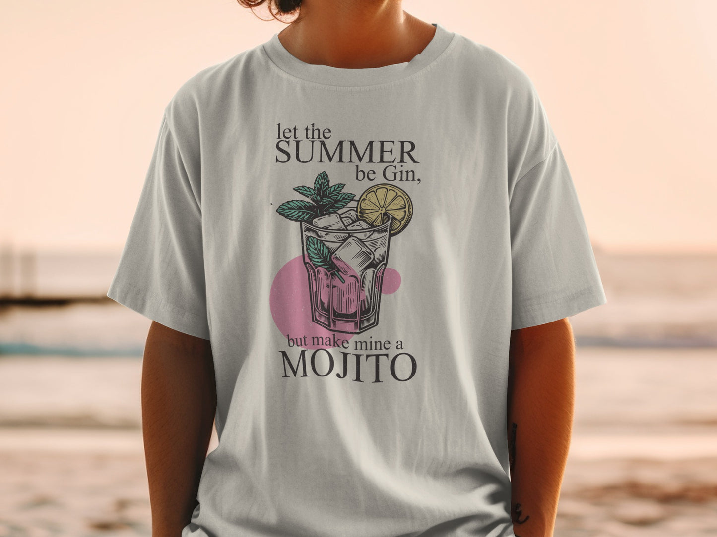 T-shirt with "let the summer be gin, but make mine a mojito" and a drink graphic.