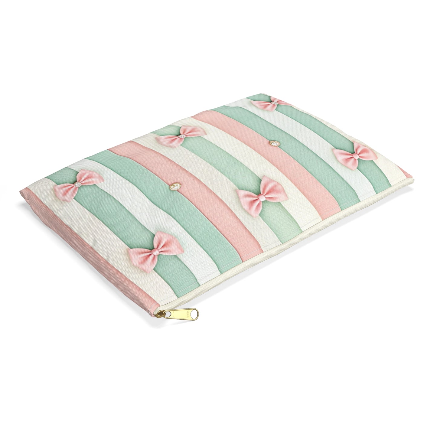 Striped pouch with pink bows and rhinestones on a white background.