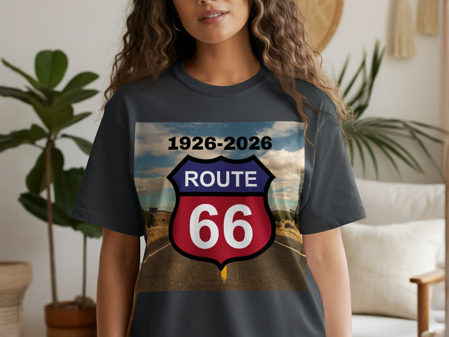 Route 66 shield with dates 1926-2026 on a dark t-shirt.