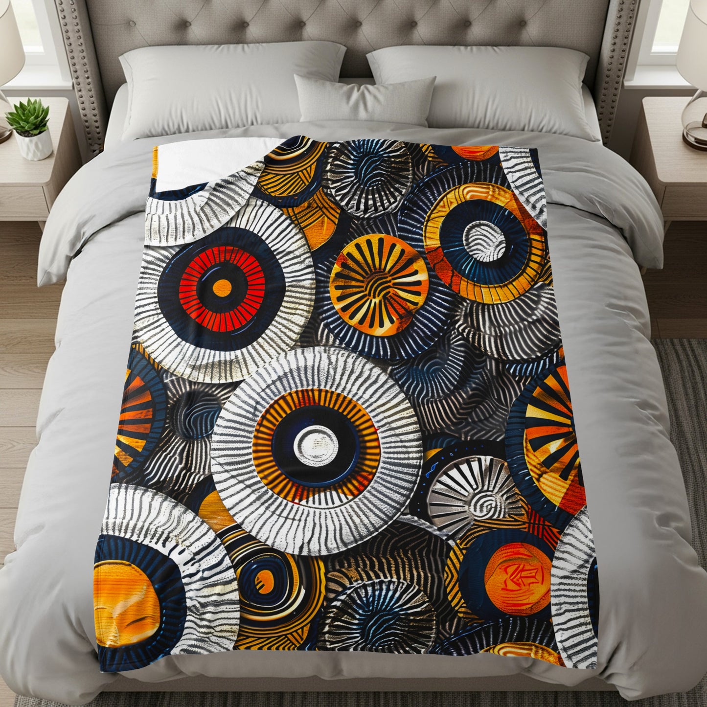 Throw blanket with abstract circular pattern in orange, blue, and white.