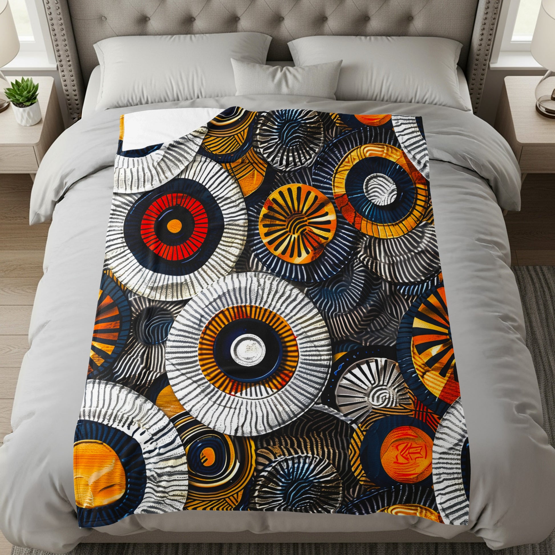 Throw blanket with abstract circular pattern in orange, blue, and white.