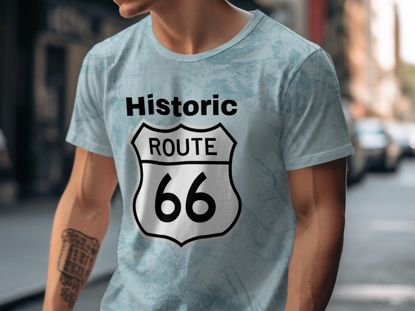 T-shirt with "Historic Route 66" shield design on marbled blue and grey fabric.
