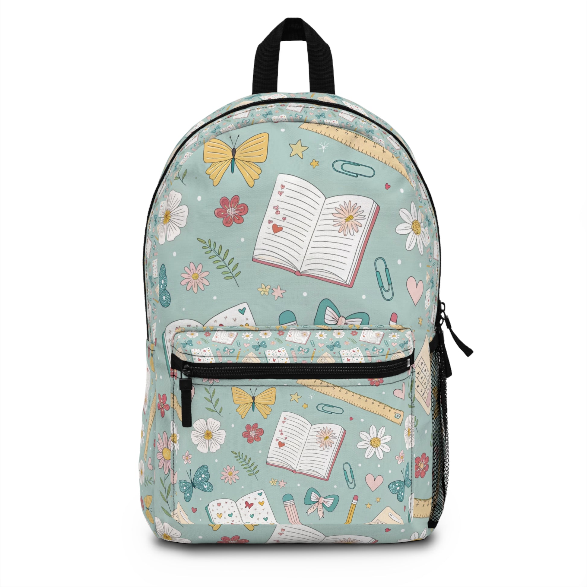 Backpack with teal background and a pattern of flowers, butterflies, books, and school supplies.