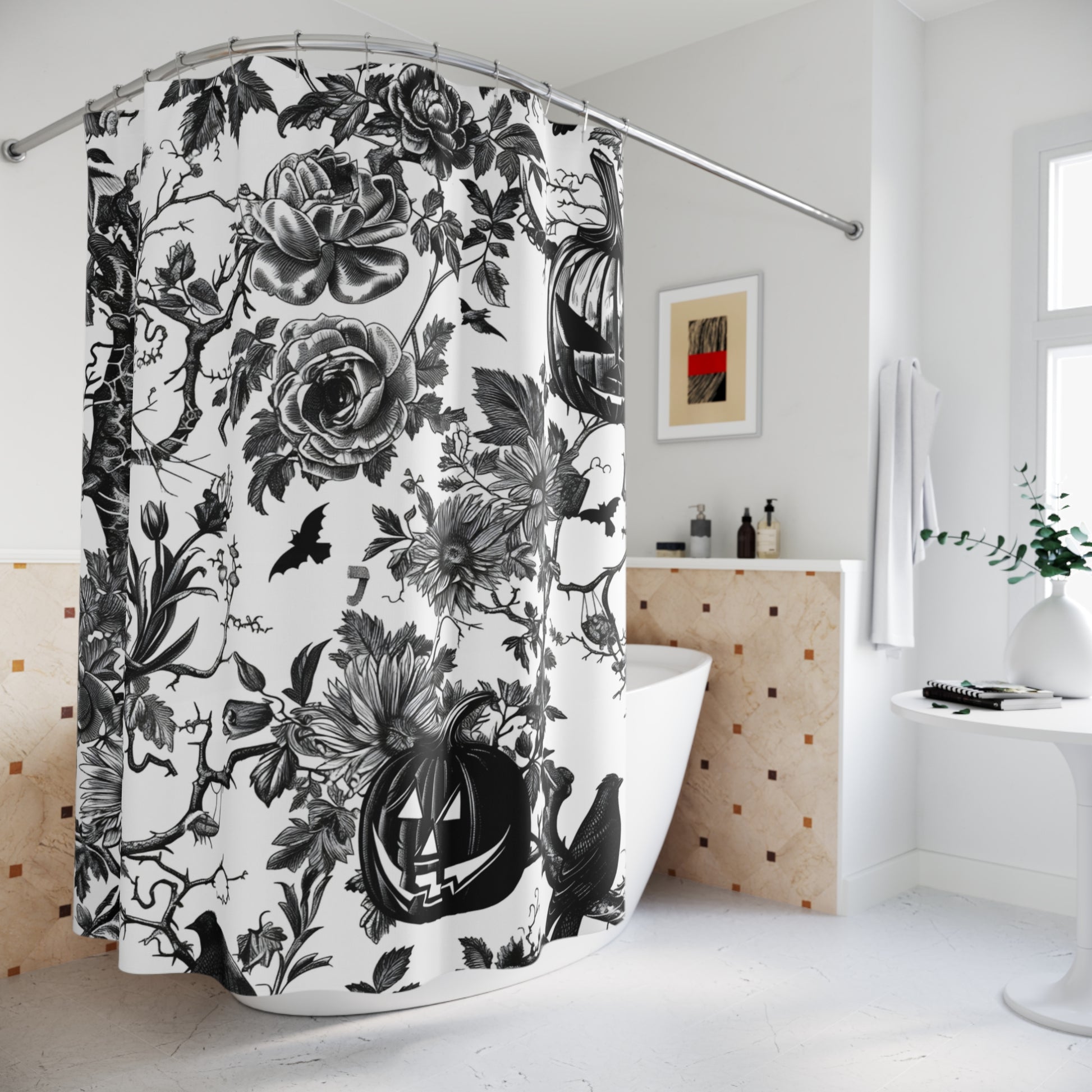 Floral Halloween Pumpkins and Bats Shower Curtain product