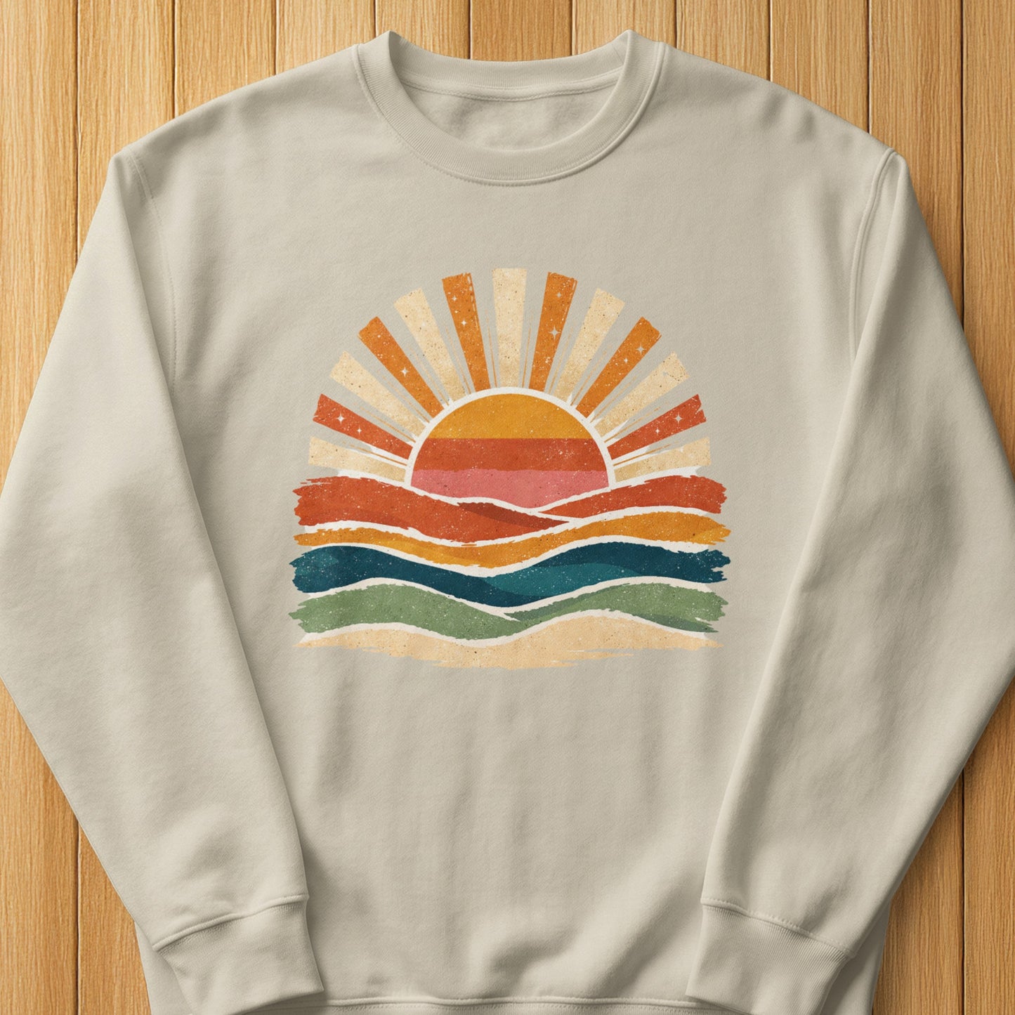 Retro sunrise over wavy lines on a beige sweatshirt.
