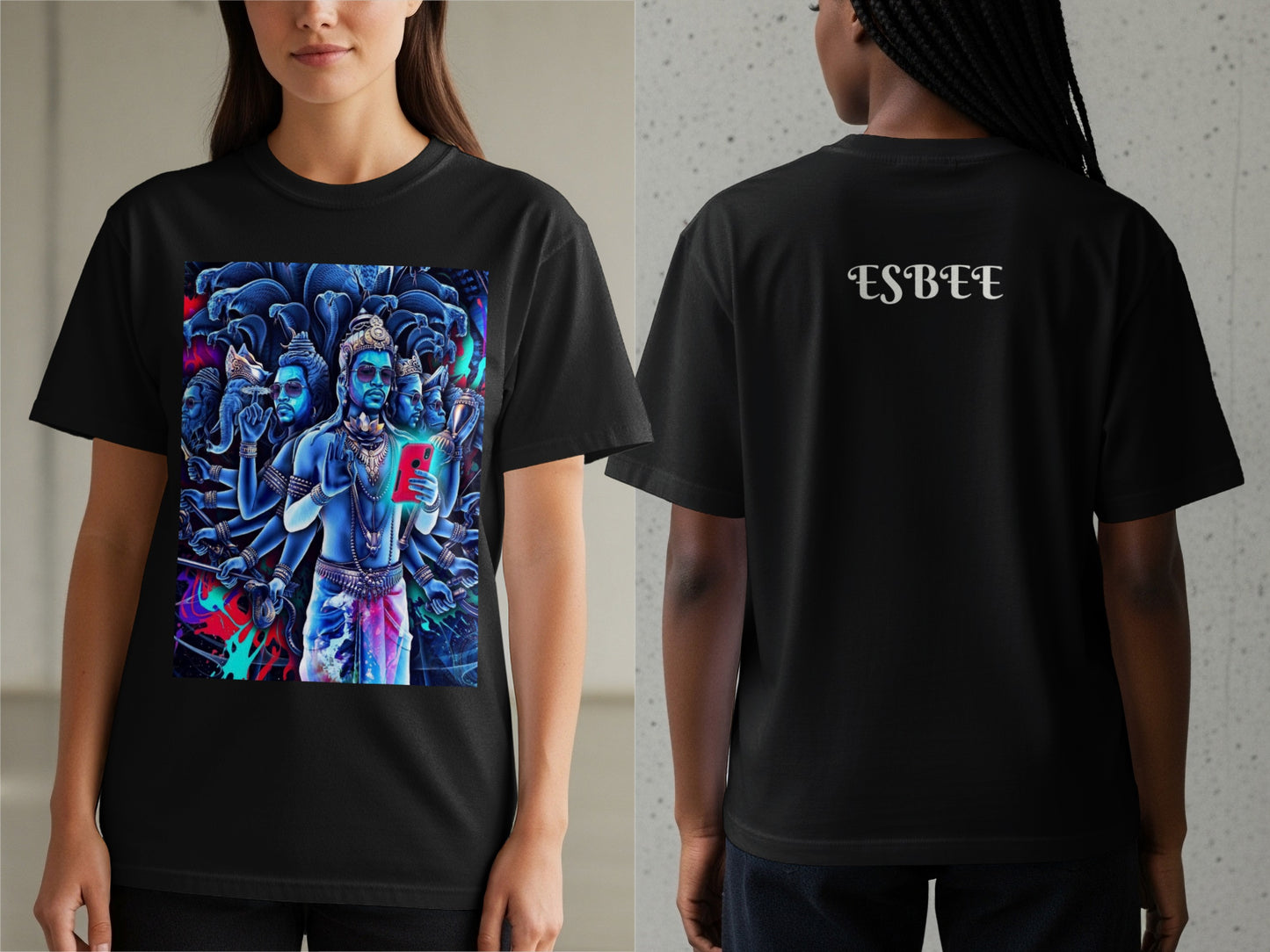 Black t-shirt with vibrant "Shiva" graphic on front and "ESBEE" on back.