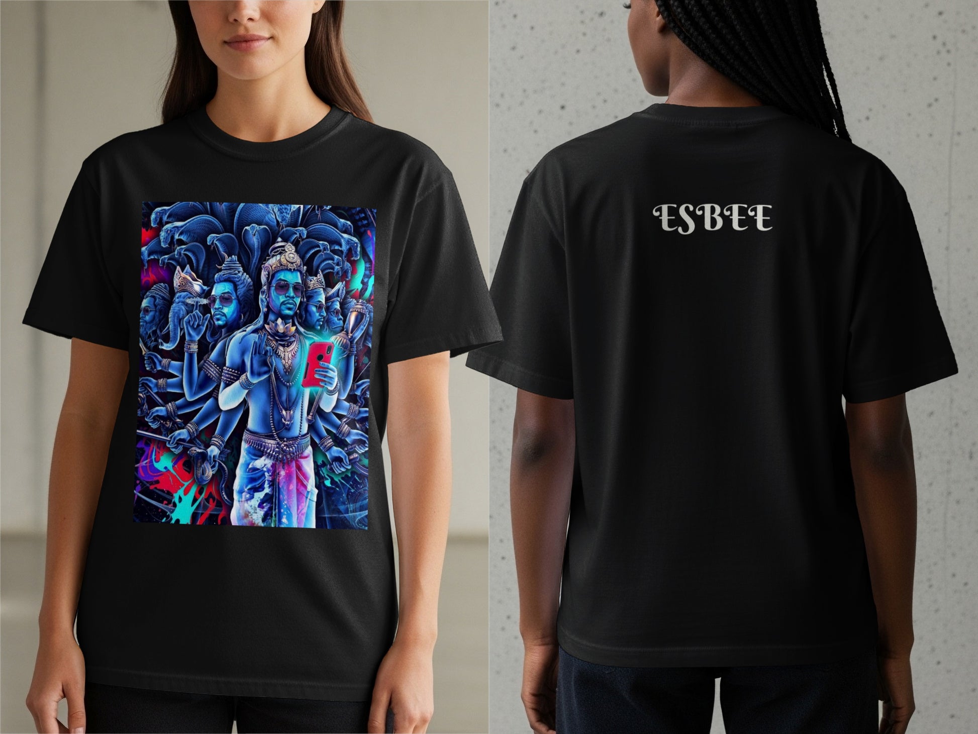 Black t-shirt with vibrant "Shiva" graphic on front and "ESBEE" on back.