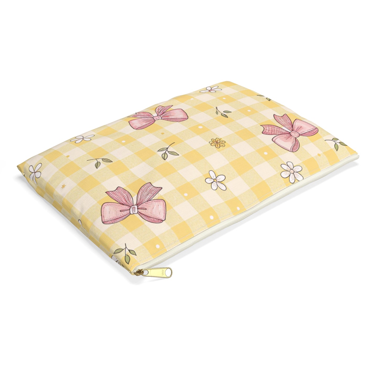 Rectangular pouch with yellow gingham pattern, pink bows, and floral accents.