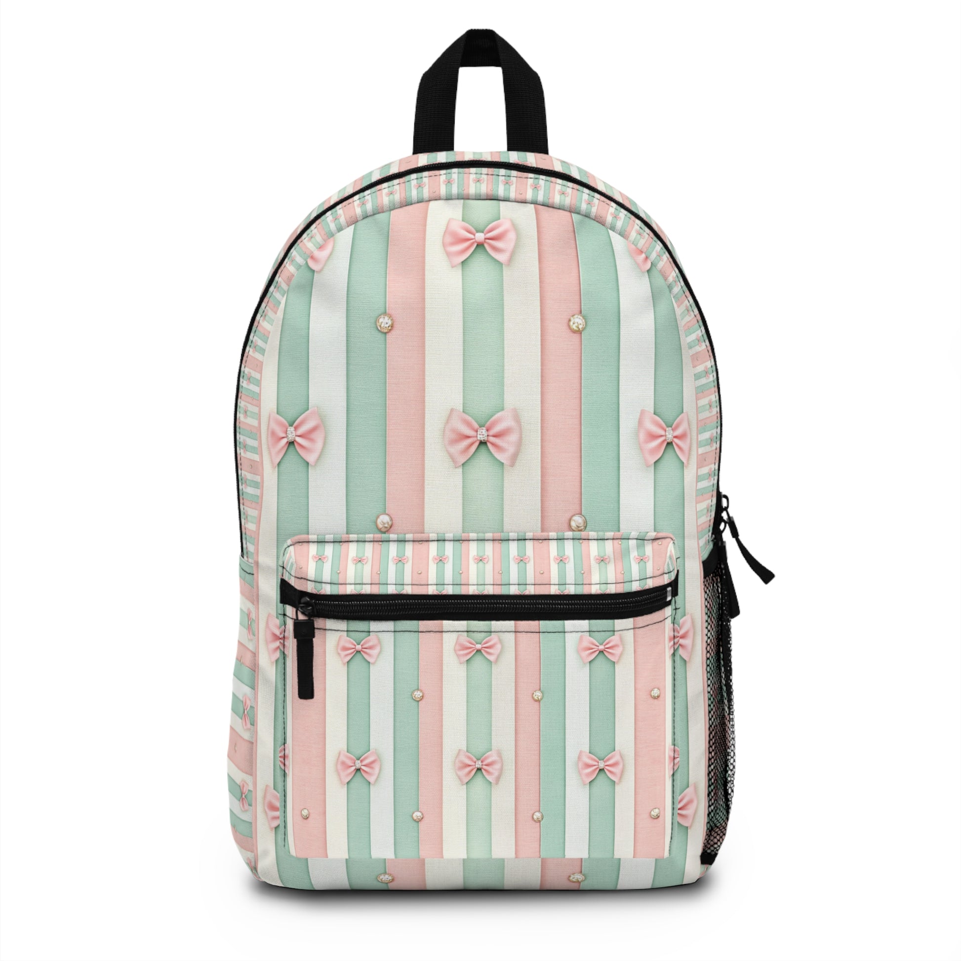 Backpack with pastel pink, green, and white vertical stripes and pink bow embellishments.