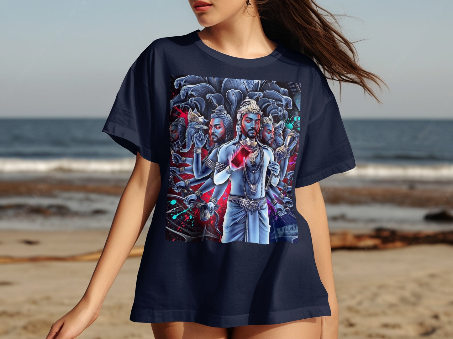 Dark t-shirt with a vibrant depiction of Shiva in a cosmic scene.