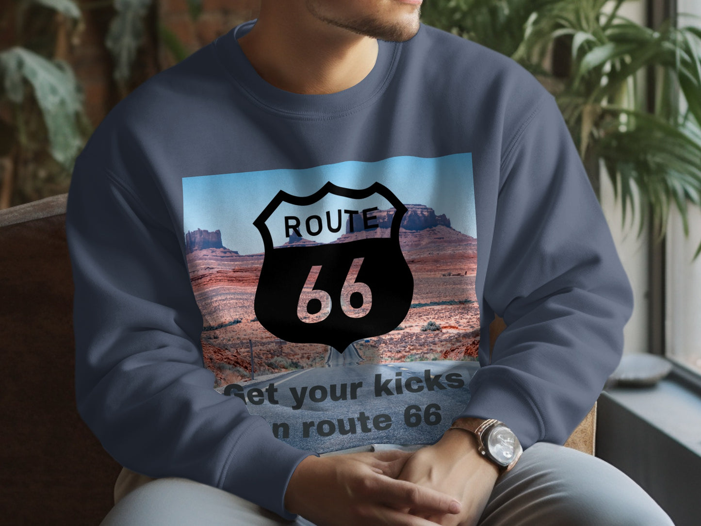 Navy sweatshirt with Route 66 shield logo and desert landscape.