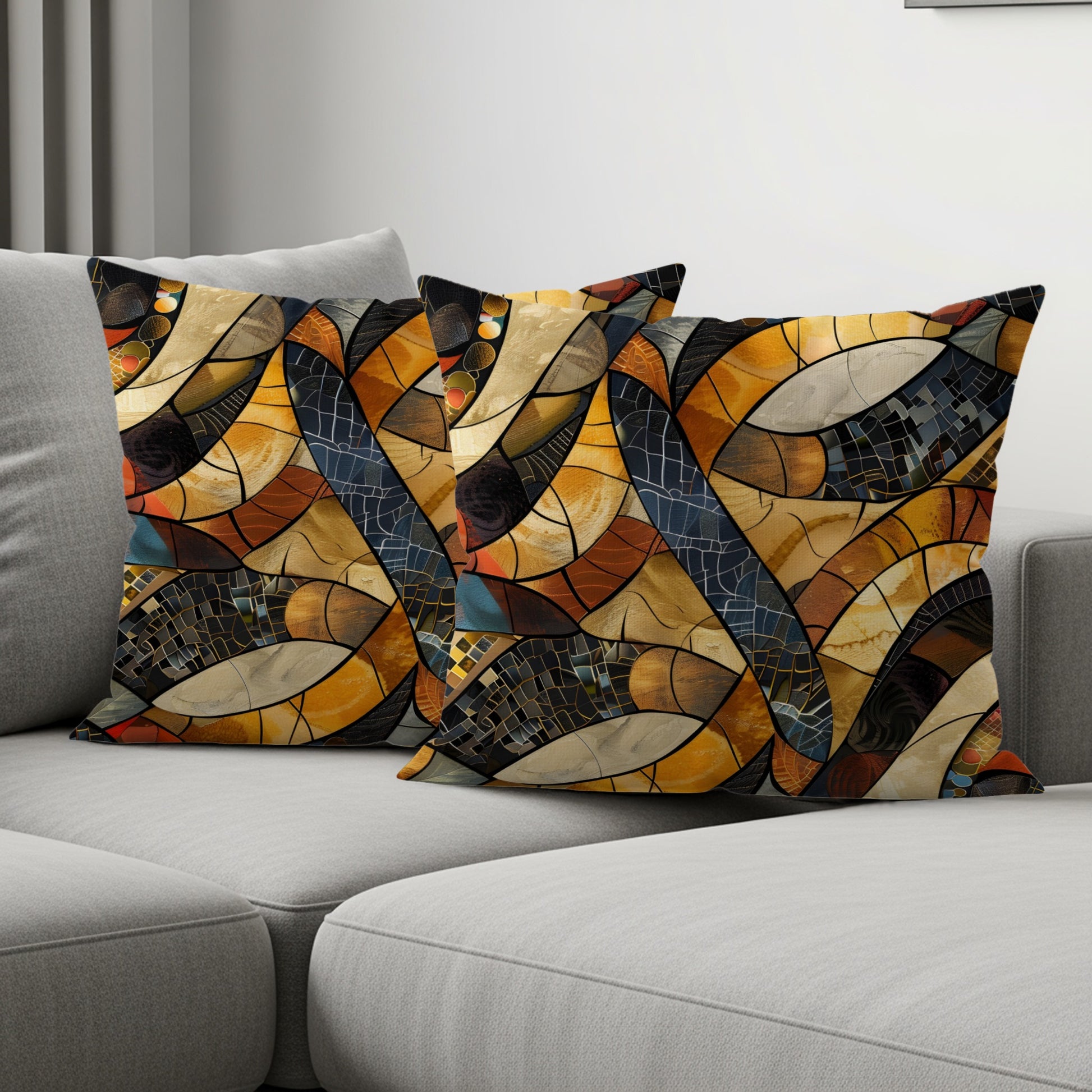 Two throw pillows with a geometric stained-glass pattern in warm colors on a sofa.