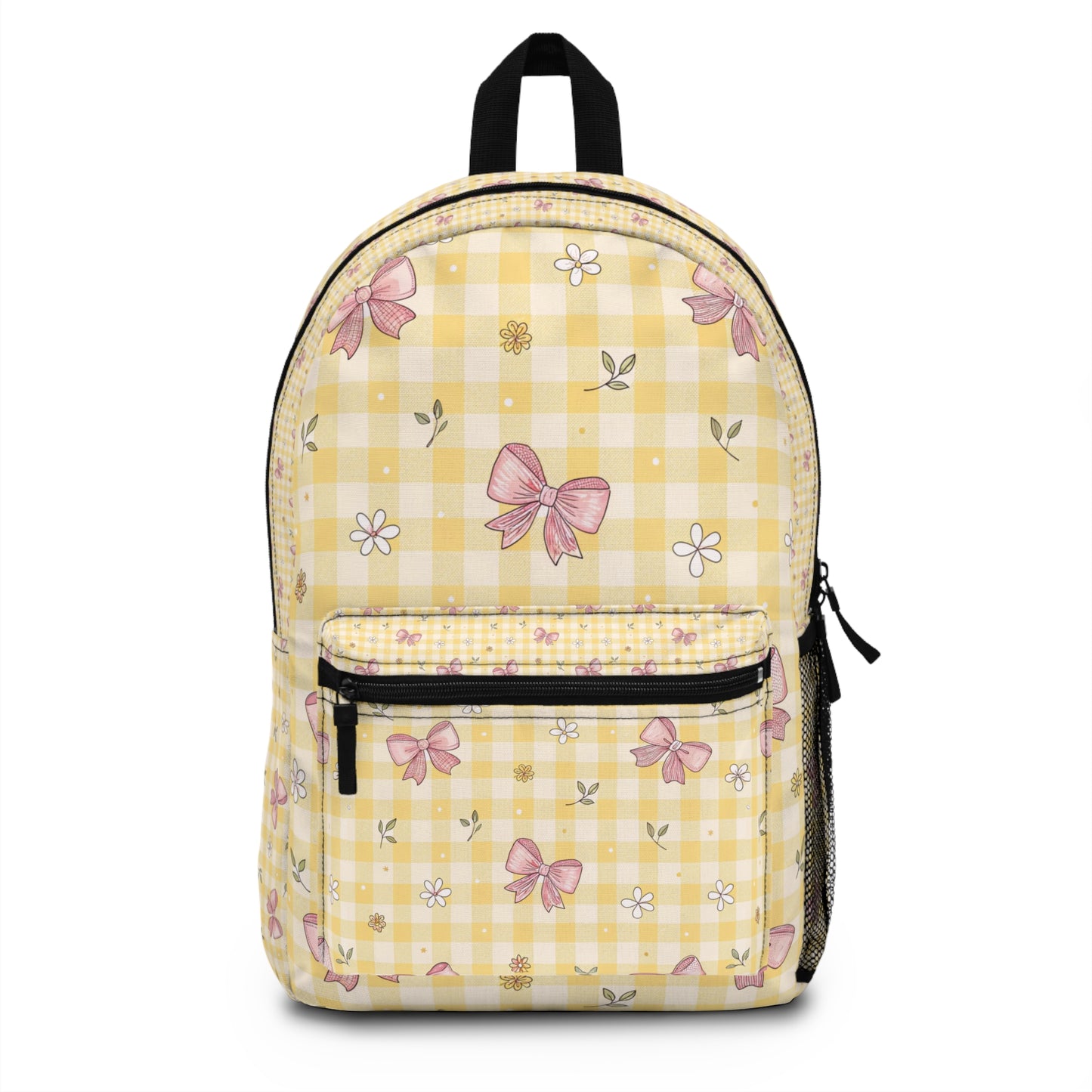 Yellow gingham backpack with pink bows and white flowers pattern.