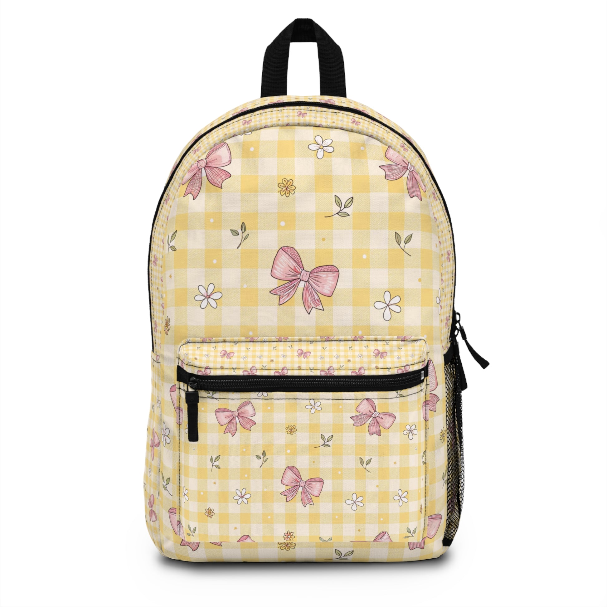 Yellow gingham backpack with pink bows and white flowers pattern.