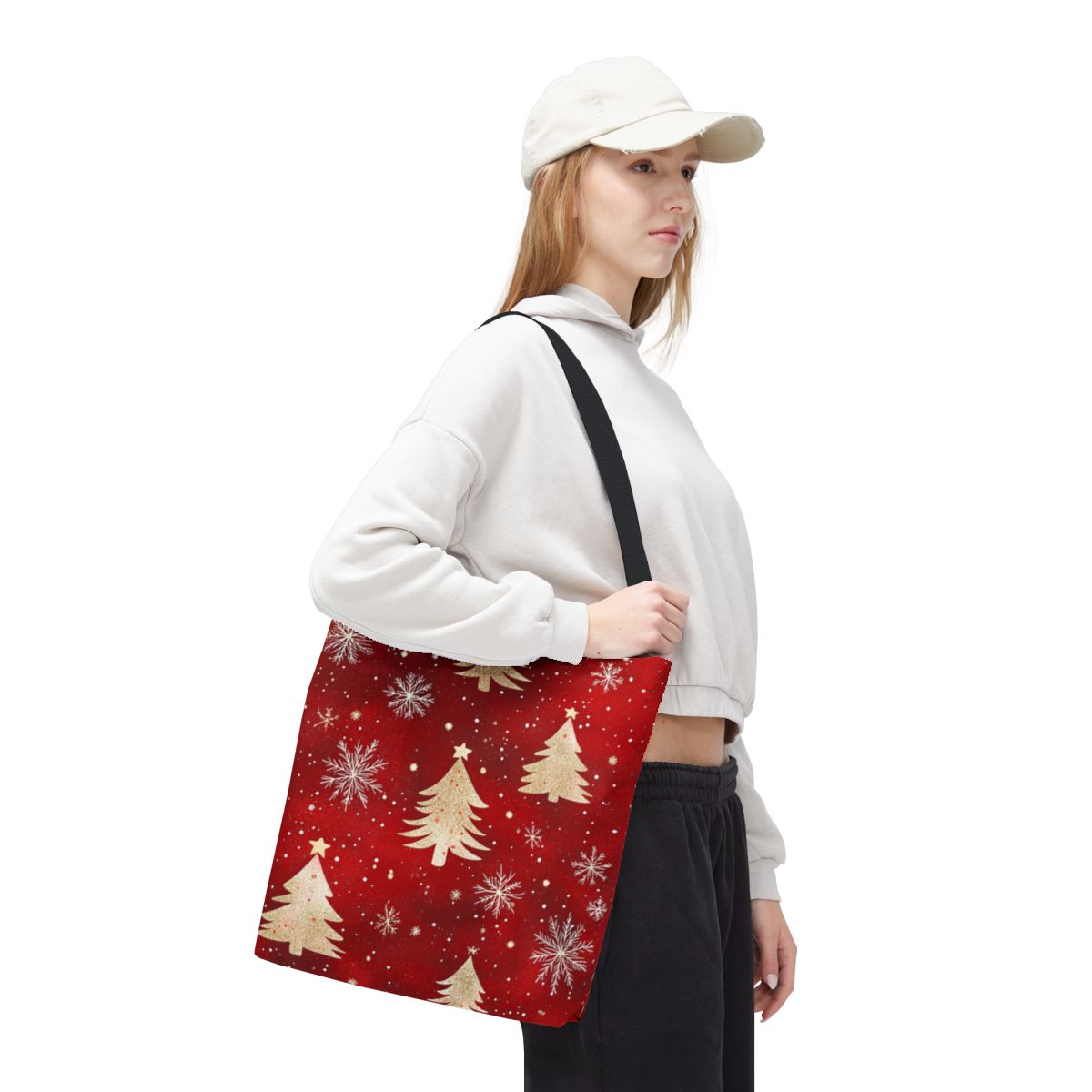 Festive Red Tote Bag with Gold Christmas Trees and Snowflakes