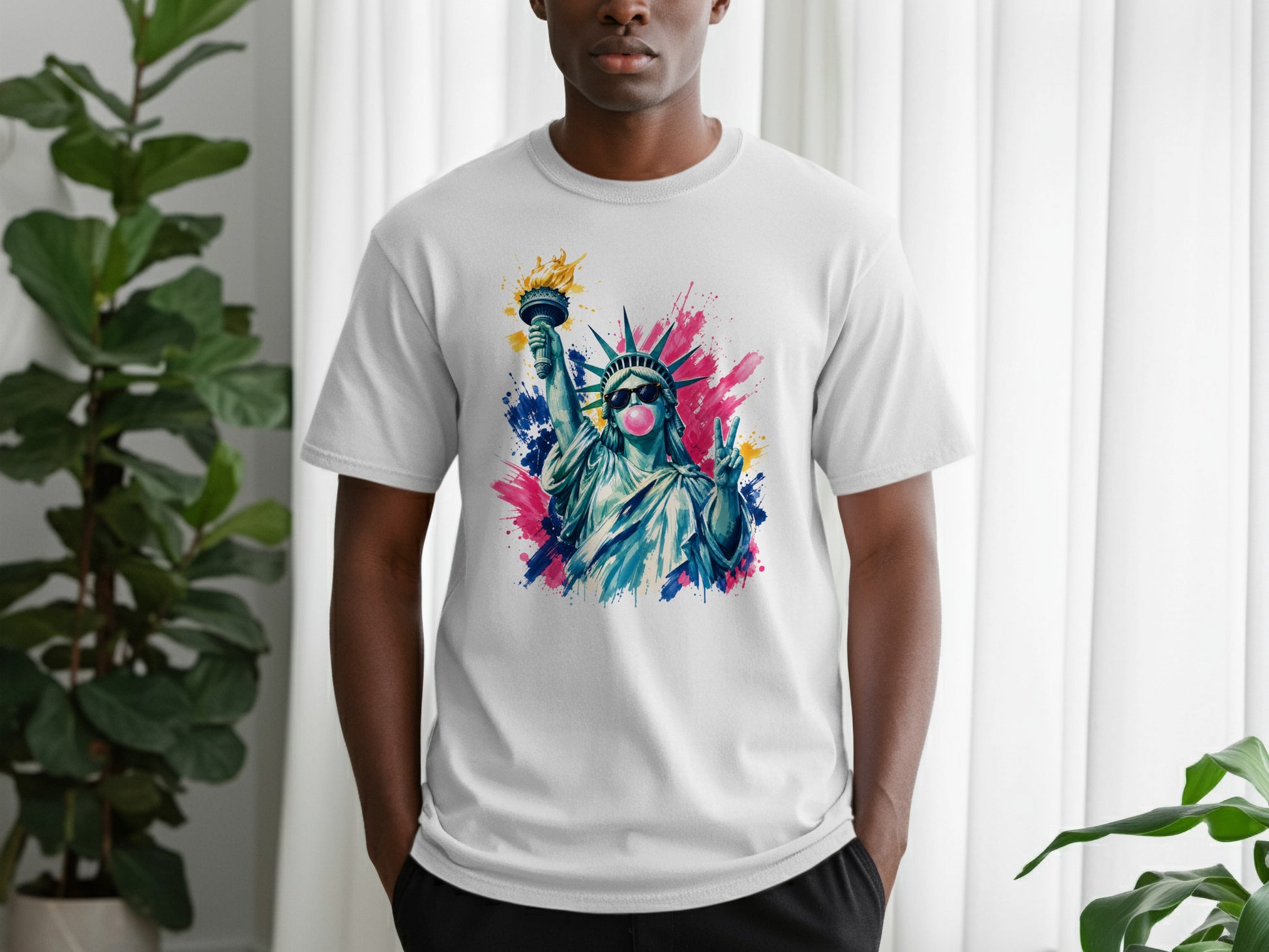White t-shirt featuring a colorful watercolor Statue of Liberty graphic.