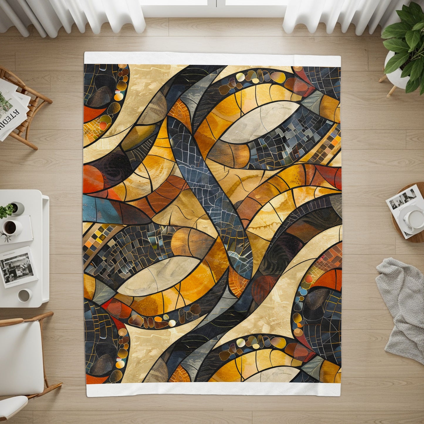 Abstract mosaic rug with curved lines in gold, brown, blue, and orange tones.