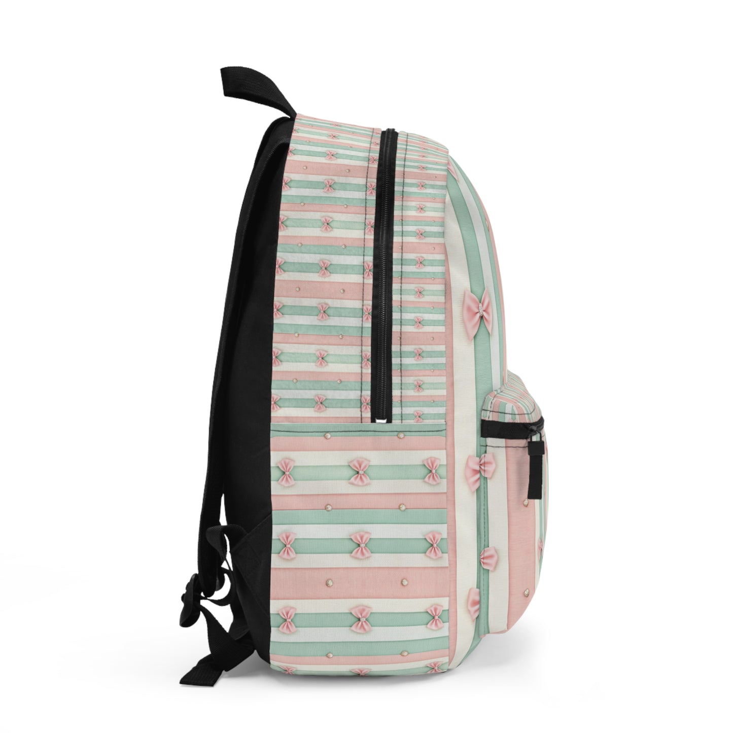 Backpack with pastel stripes and pink bows pattern.