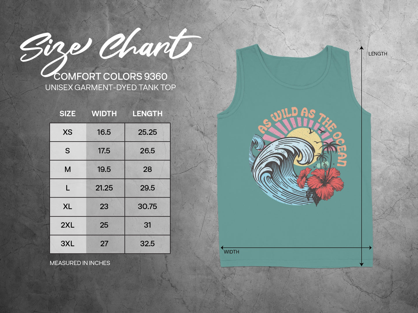 Size chart for unisex tank top with measurements for size, width, and length.