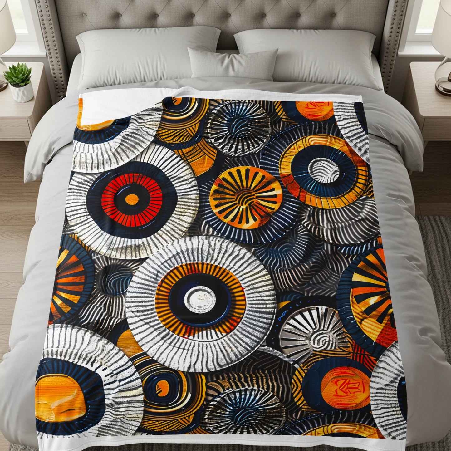 Tapestry-patterned blanket with circular designs in orange, red, blue, and black.