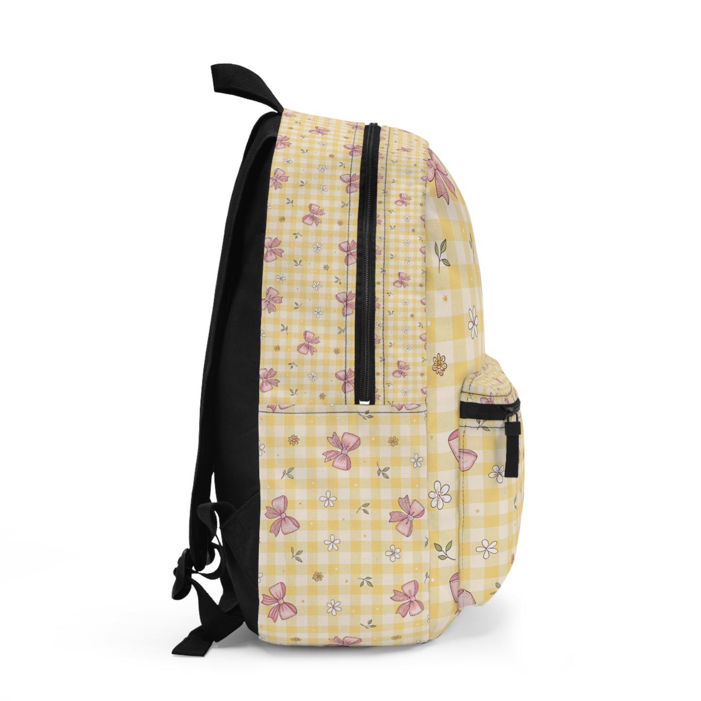 Yellow gingham backpack with pink bows and white flowers pattern.