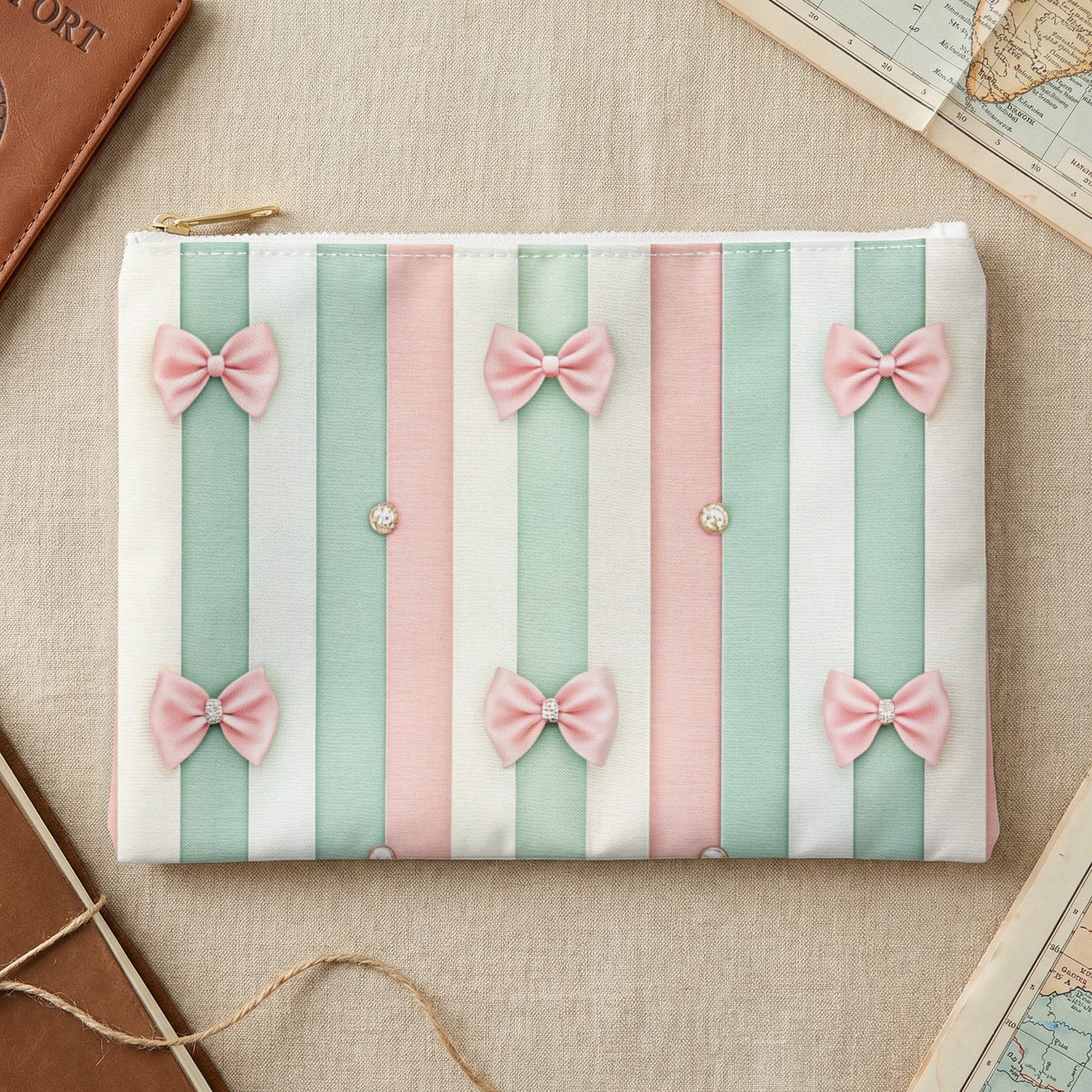 Striped pouch with pink bows and clear embellishments on pastel stripes.