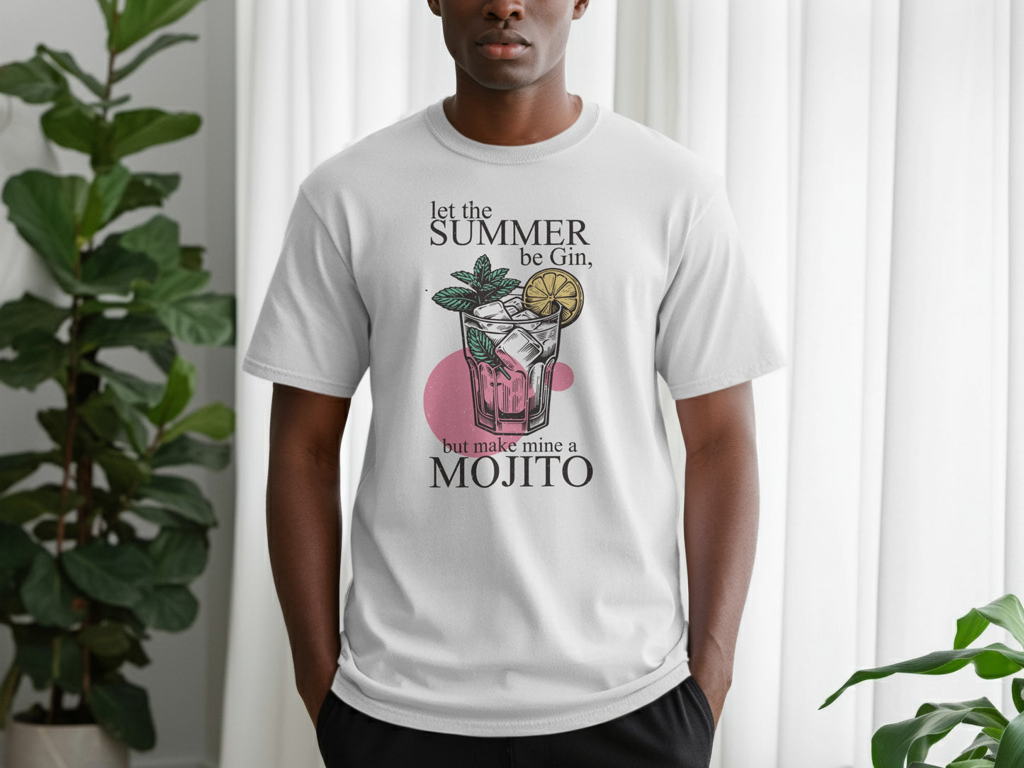 White t-shirt with "let the summer be gin, but make mine a mojito" graphic.
