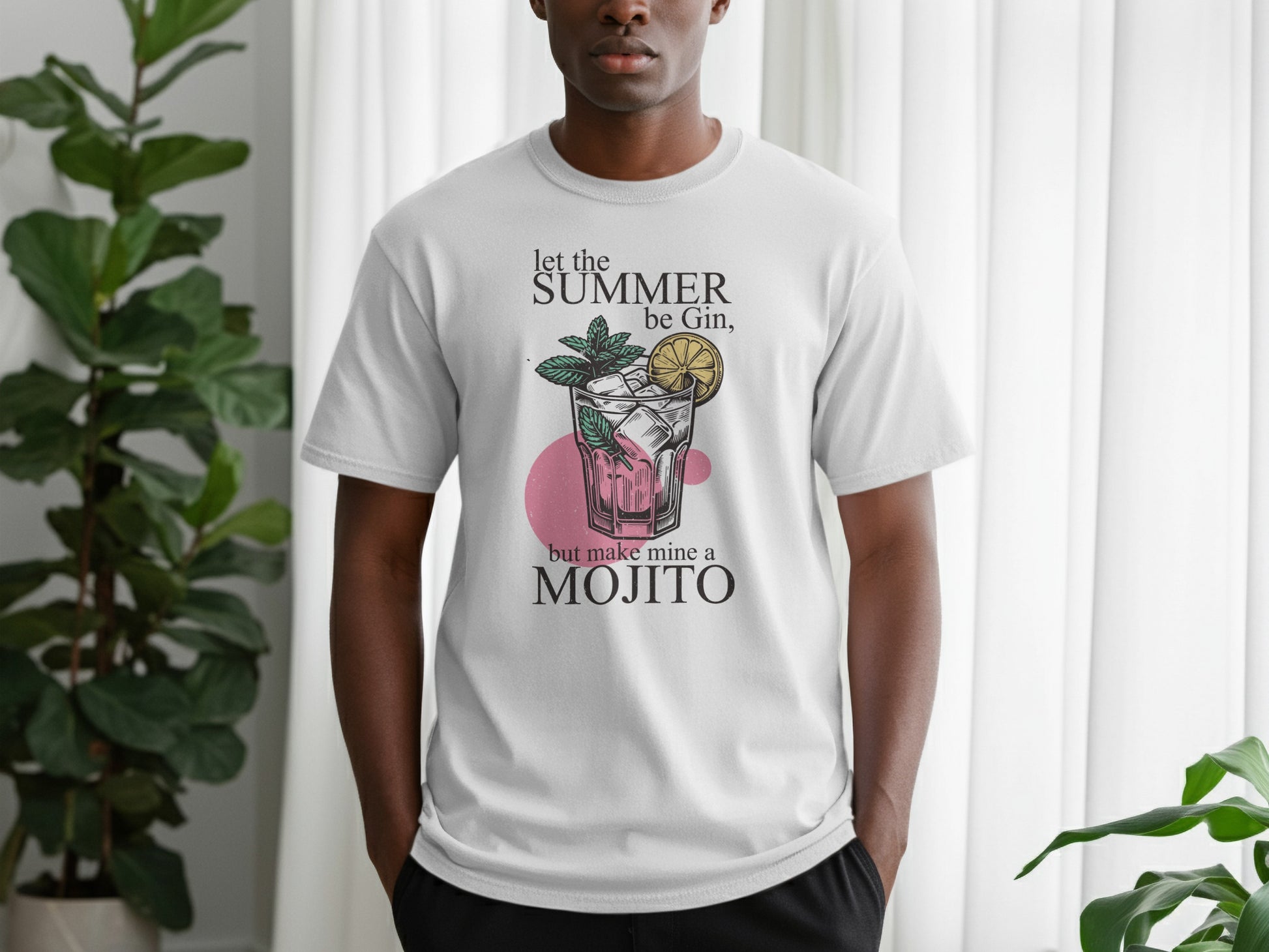 White t-shirt with "let the summer be gin, but make mine a mojito" graphic.