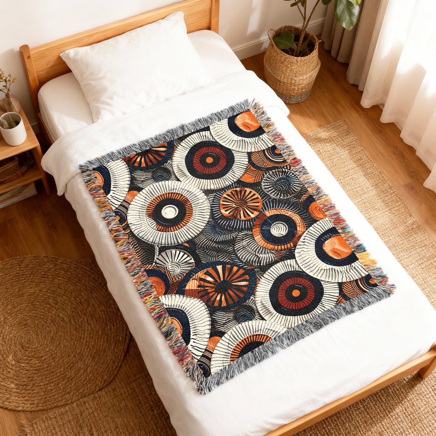 Woven throw blanket displays concentric circle patterns in orange, black, and white with fringed edges.