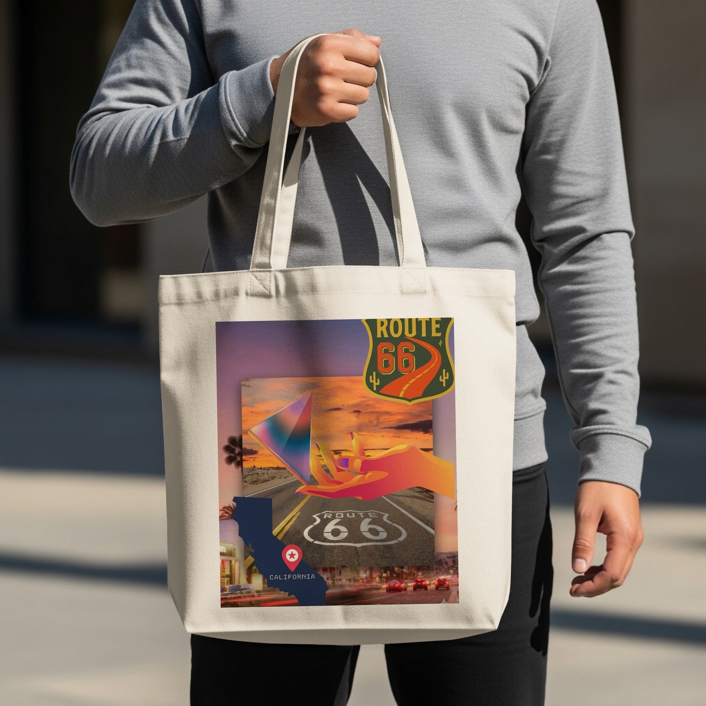 Tote bag with Route 66 and California motifs, featuring a glowing prism.