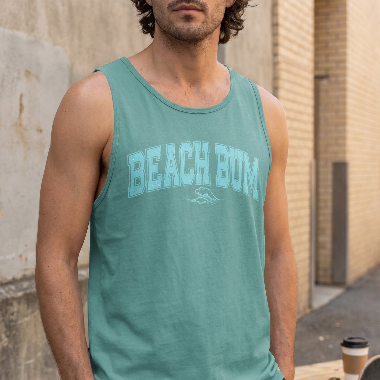 Teal tank top with "BEACH BUM" text and wave graphic.