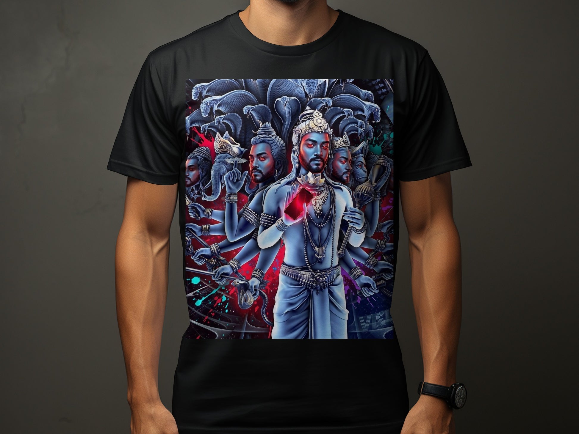 Figure with multiple arms and snake headdress, red accents, on black t-shirt.