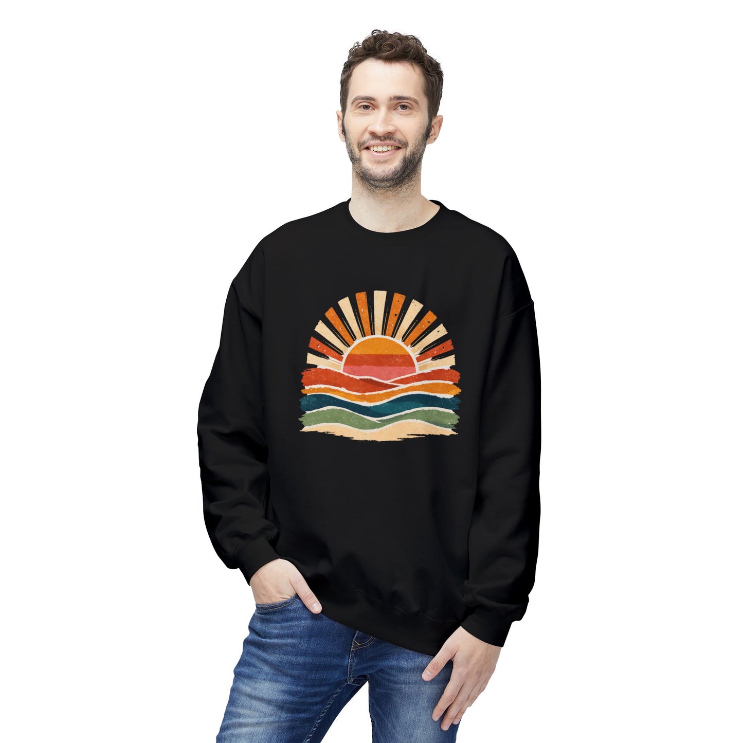 Black sweatshirt with a colorful retro sunset over wavy lines design.