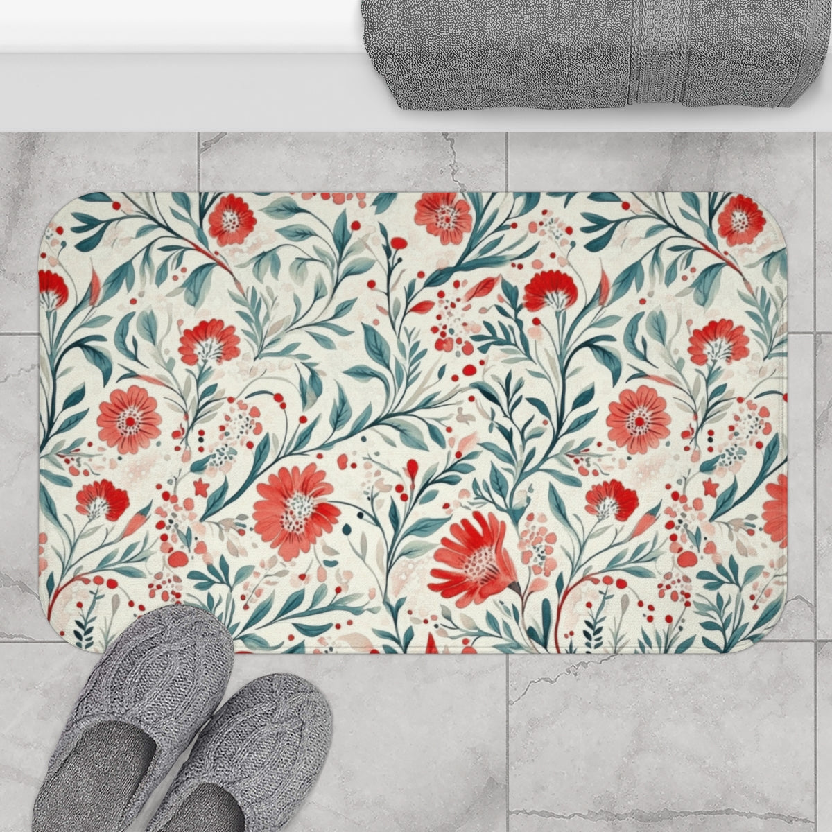 Floral Design Bathroom Mat with Red and Green Patterns