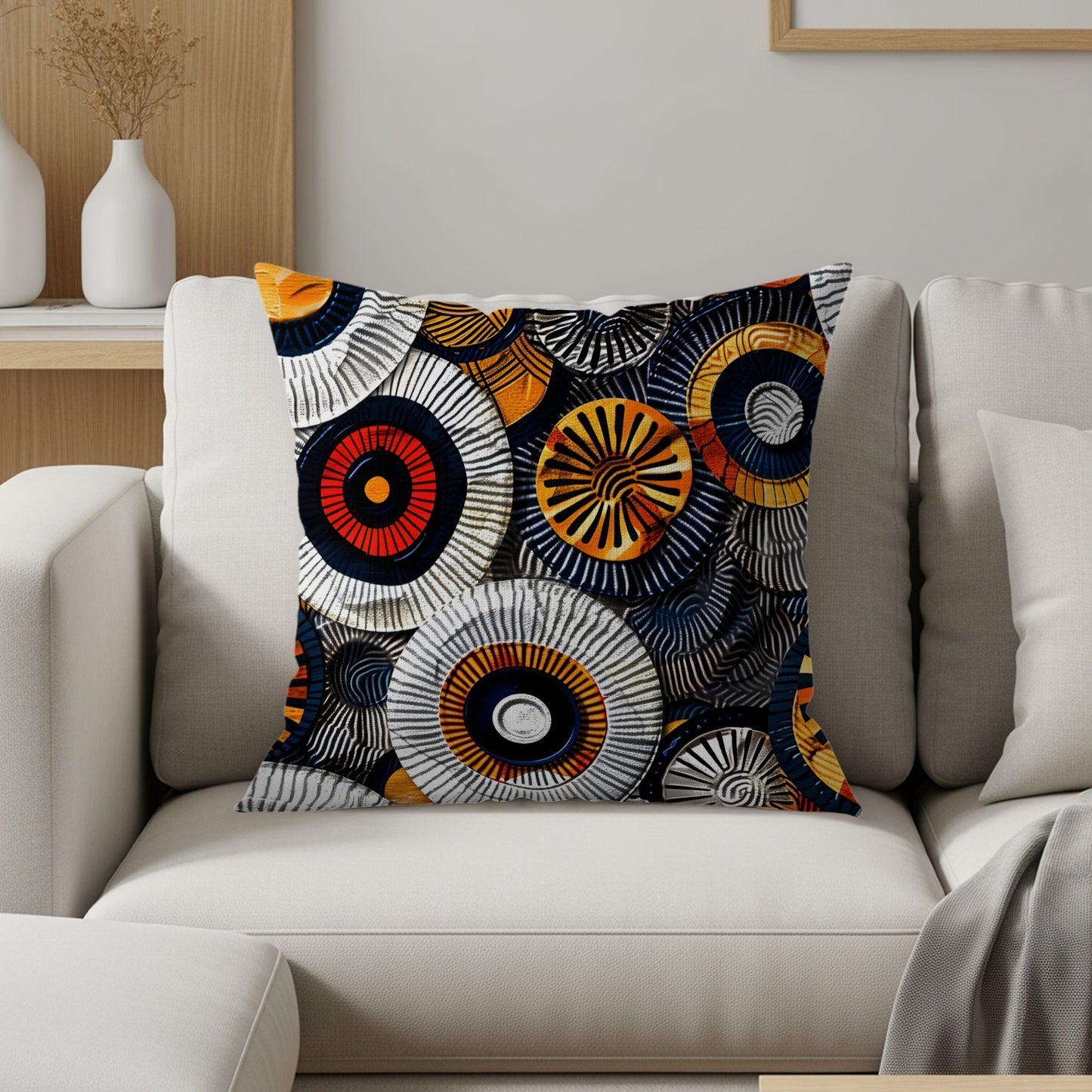 Throw pillow with a circular, abstract pattern in navy, orange, red, and gray.