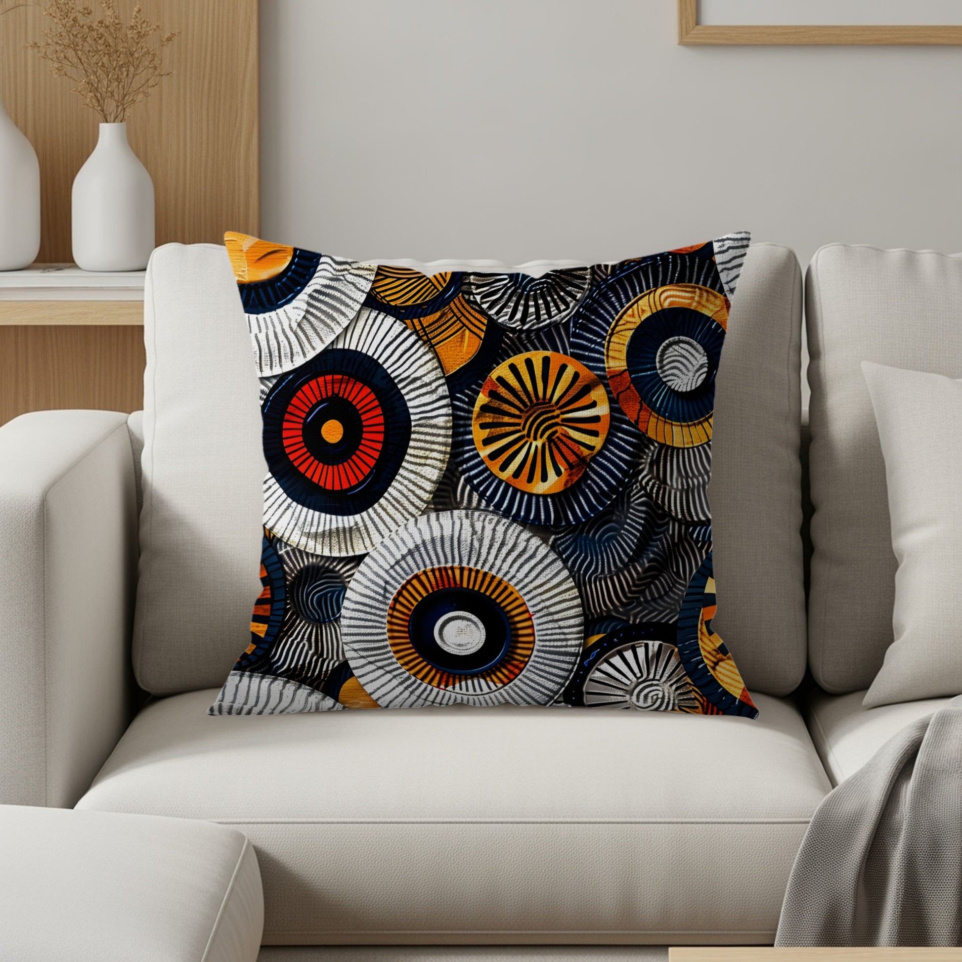 Throw pillow with a circular, abstract pattern in navy, orange, red, and gray.