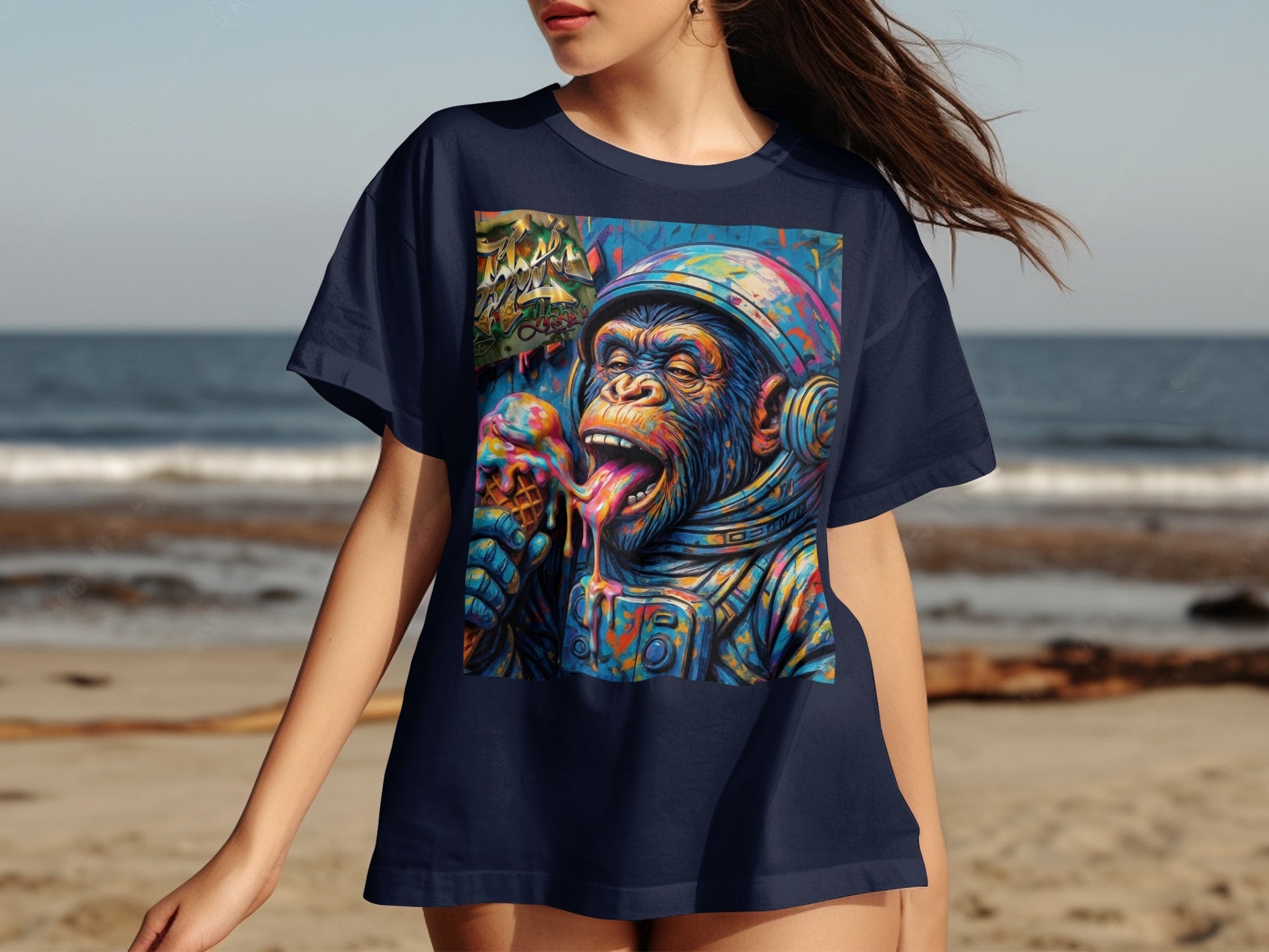 Astronaut chimpanzee eating ice cream on a beach.
