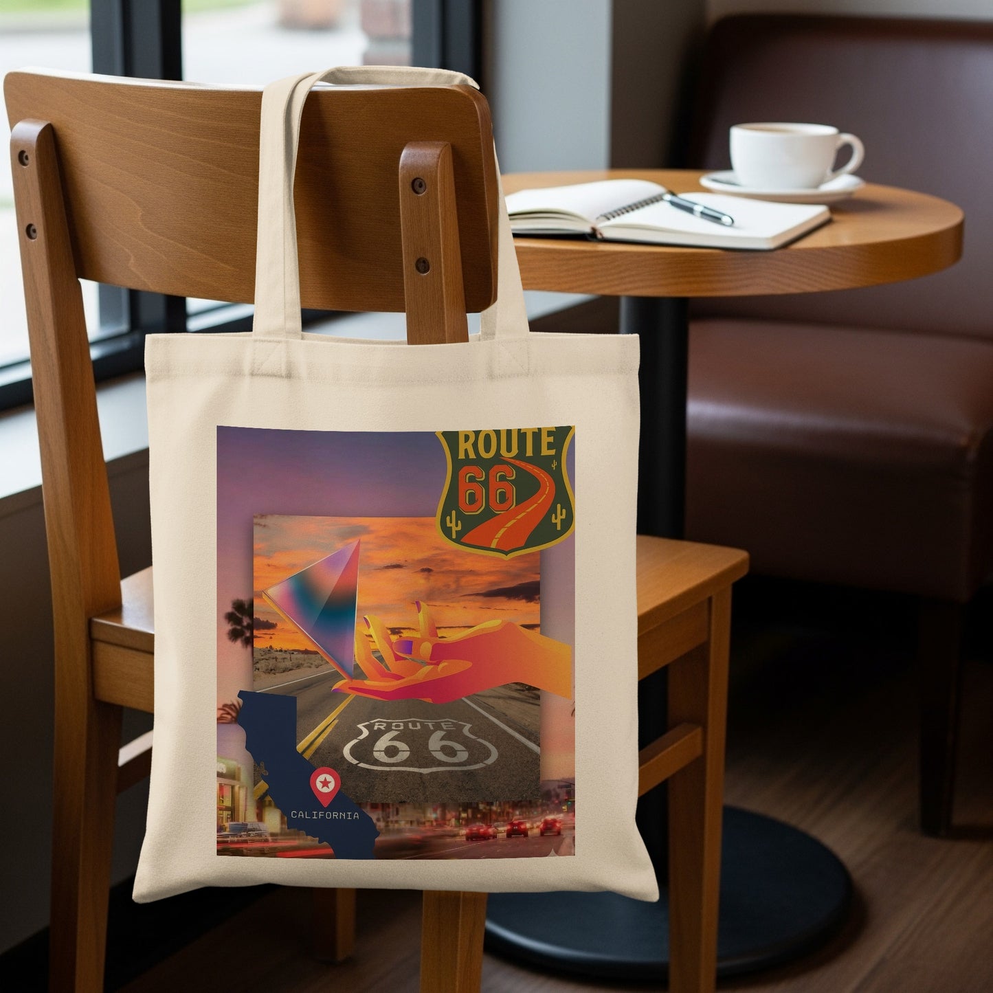 Tote bag with Route 66 California graphic, hand holding prism, and sunset over highway.