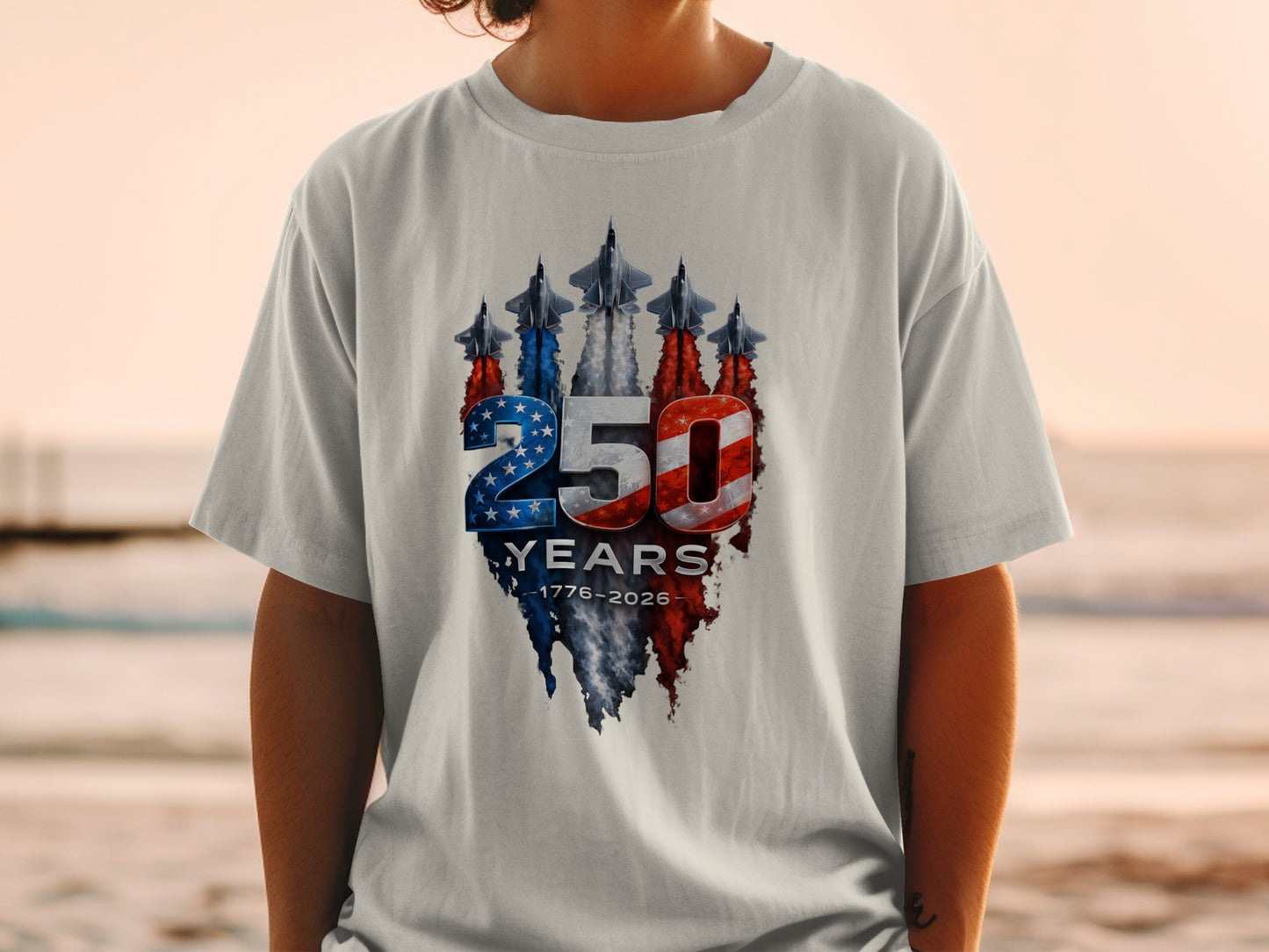T-shirt with "250 Years 1776-2026" and jets against an American flag background.