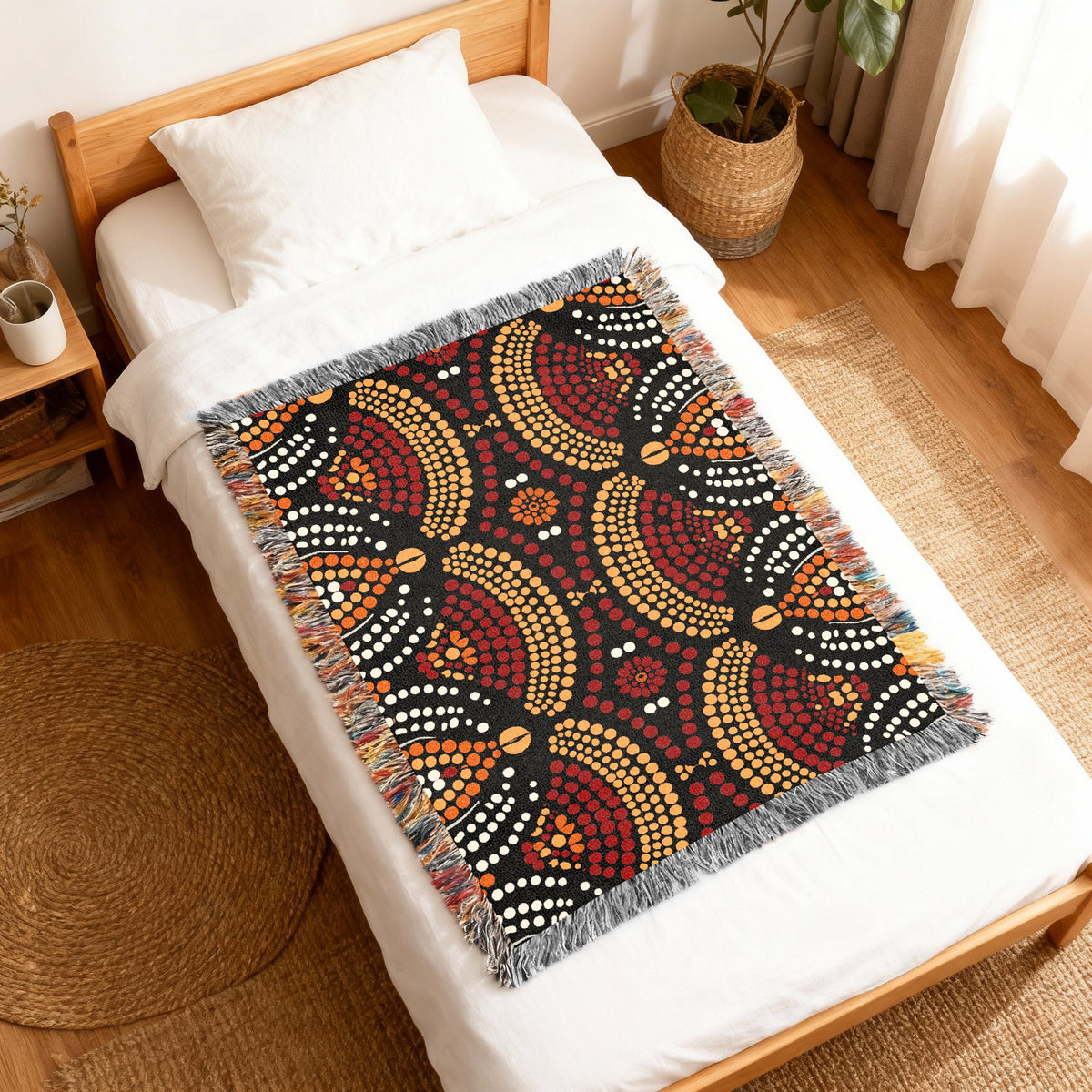 Woven throw blanket with black background and dot pattern in red, orange, and white.