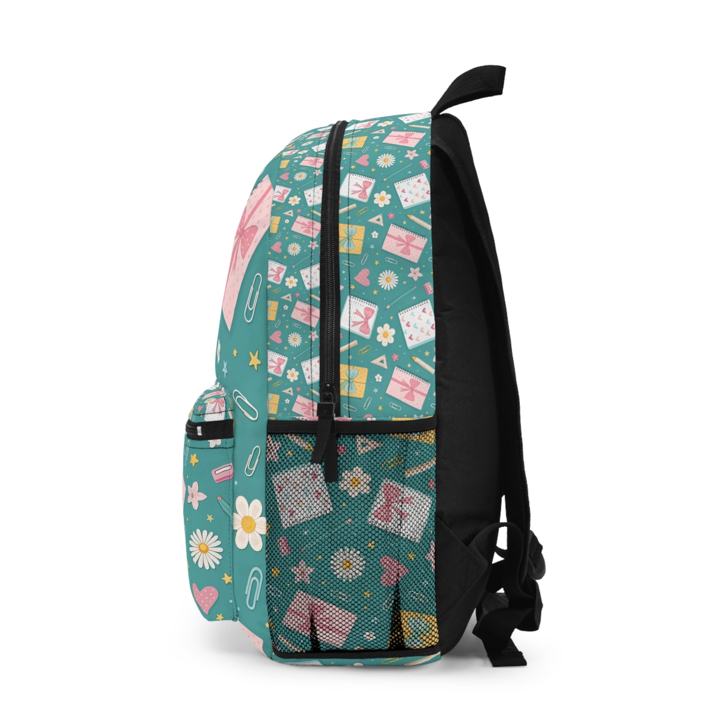 Backpack with teal background featuring patterned gifts, flowers, hearts, pencils, and paper clips.