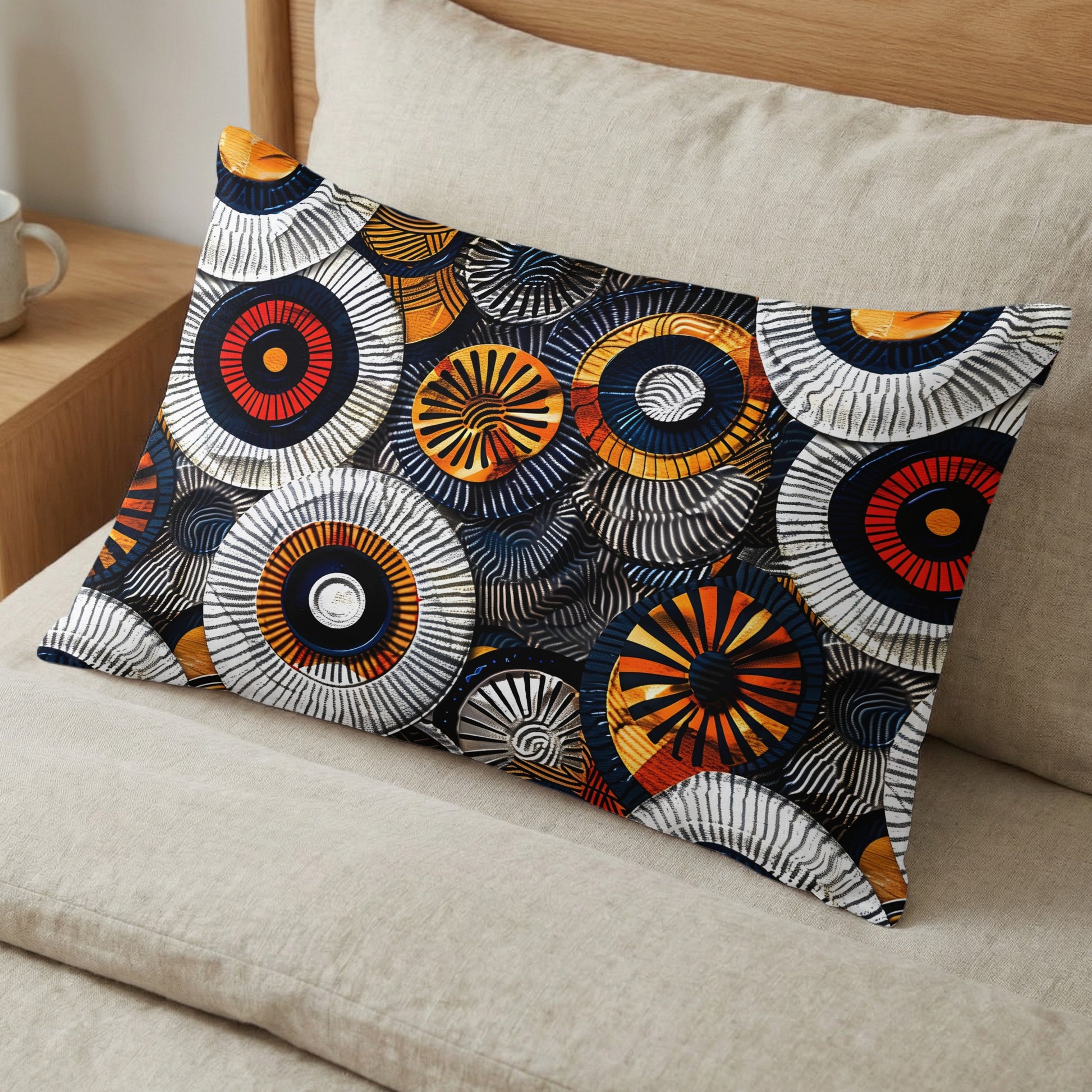 Rectangular pillow with vibrant geometric circle pattern in orange, blue, and white.
